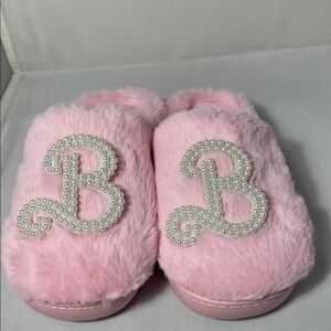 Mattel Pink Fuzzy Women Slippers with Pearl Lettering